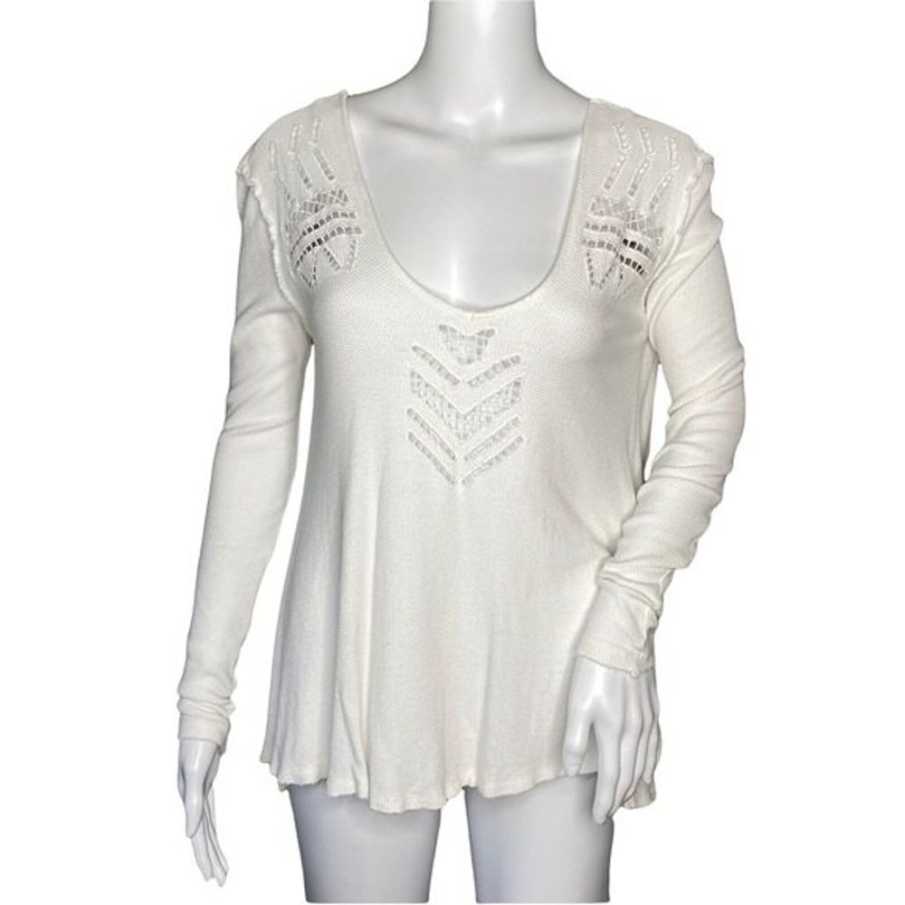 Free People Shirt Womens Small White Scoop Laser Cut Textured Neutral Edgy